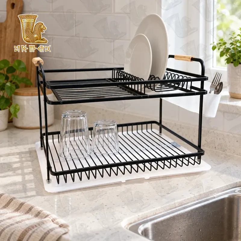 آبچکان مشکی از جنس آلمینیوم روی یک کابینت