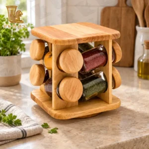 سرویس جا ادویه شیشه ای با درب چوبی و استند چوبی روی یک میز